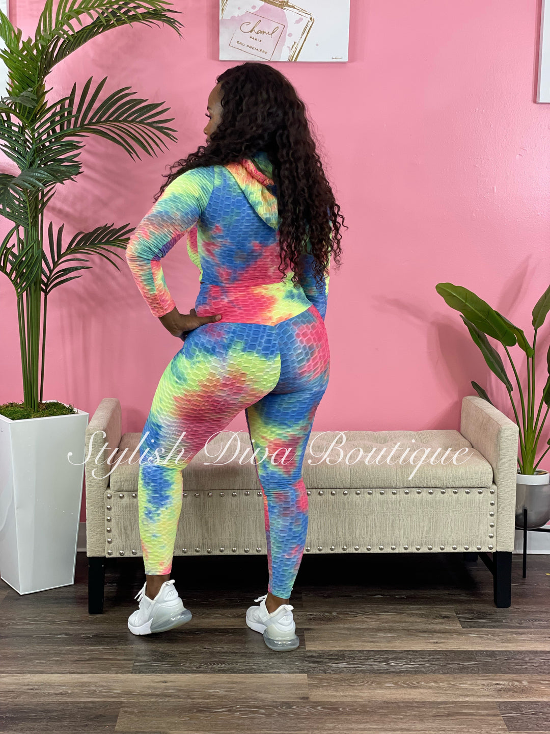 Tie Dye Honeycomb Leggings up to 3XL (Pink/Green)