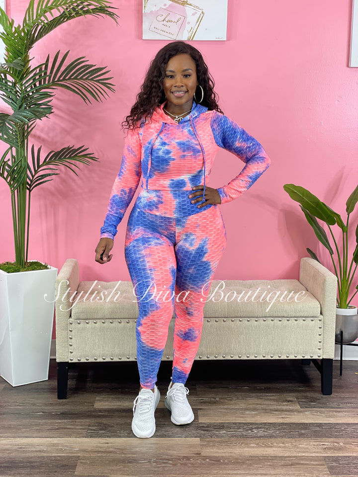 Tie Dye Honeycomb Cropped Hoodie up to 3XL (Blue/Pink)