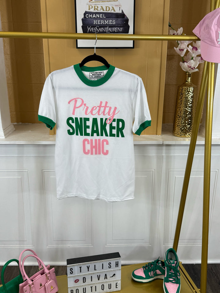 Pretty Sneaker Chic Ringer Tee (White/Kelly Green) (Pink/Kelly Green Print)