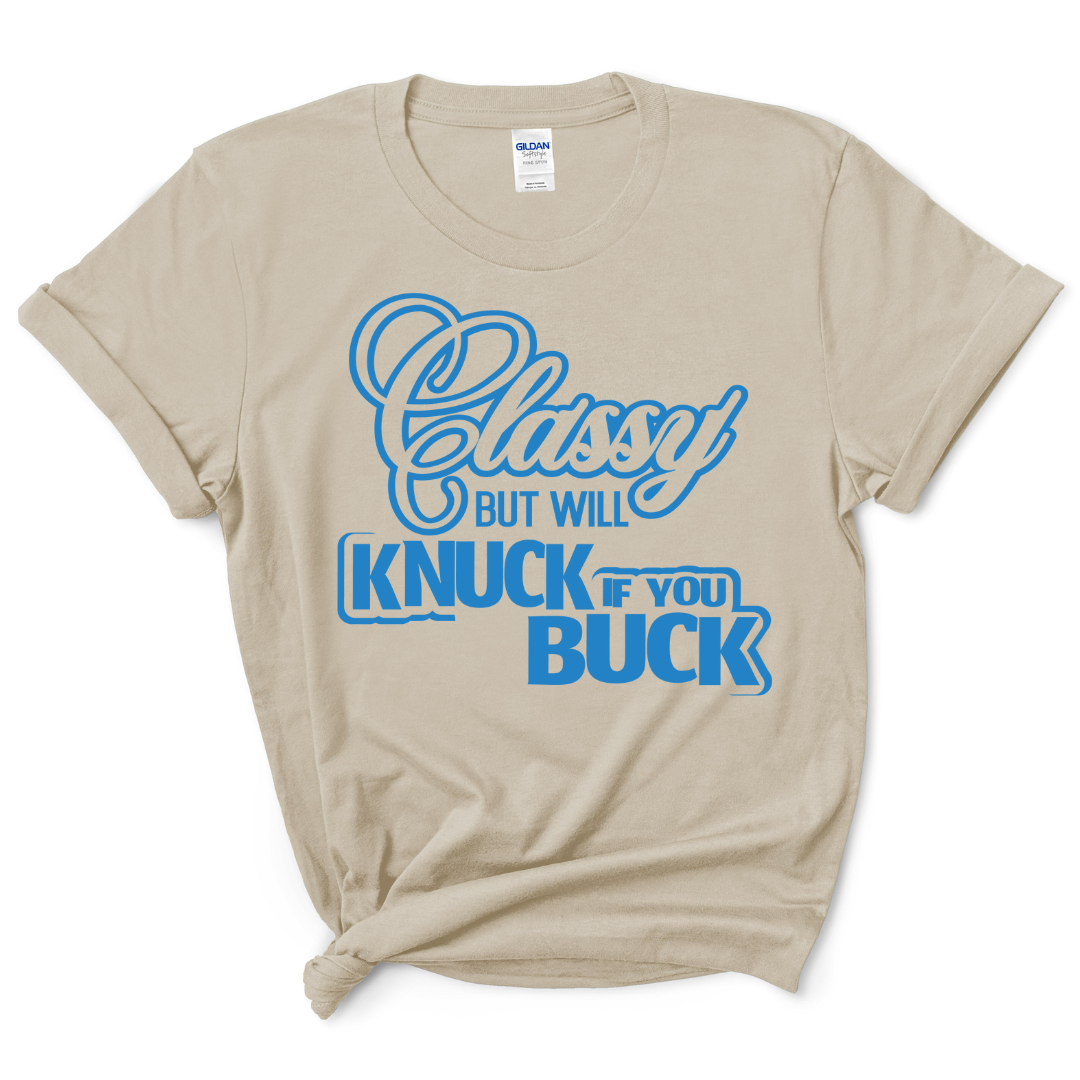 Knuck If You Buck T-Shirt (Sand Shirt/Ocean Blue Print)