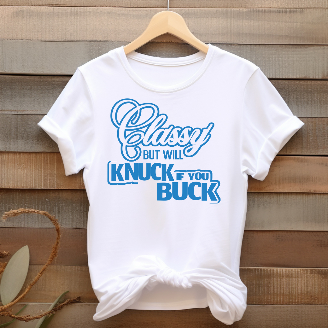 Knuck If You Buck T-Shirt (White Shirt/Ocean Blue Print)