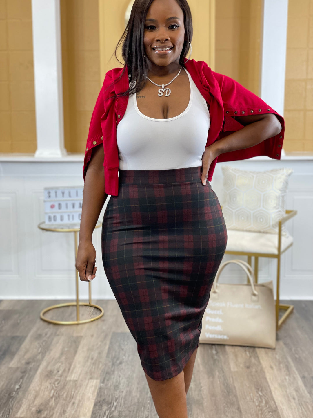 Business Meeting Skirt ONLY up to 3XL (Burgundy Plaid)