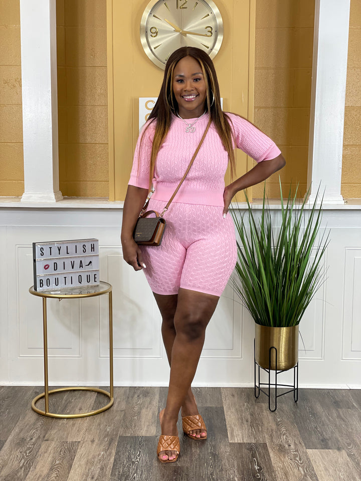 Casually Luxe Cable Knit Short Set (Pink)