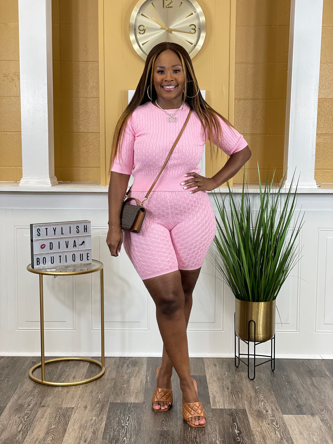 Casually Luxe Cable Knit Short Set (Pink)