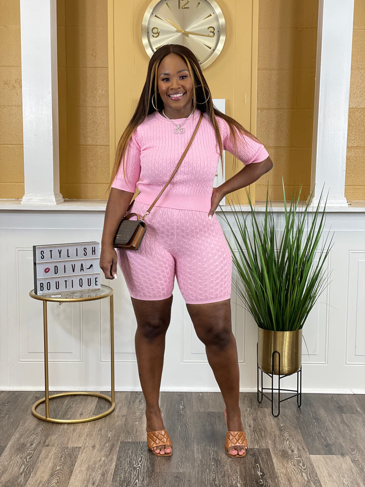 Casually Luxe Cable Knit Short Set (Pink)